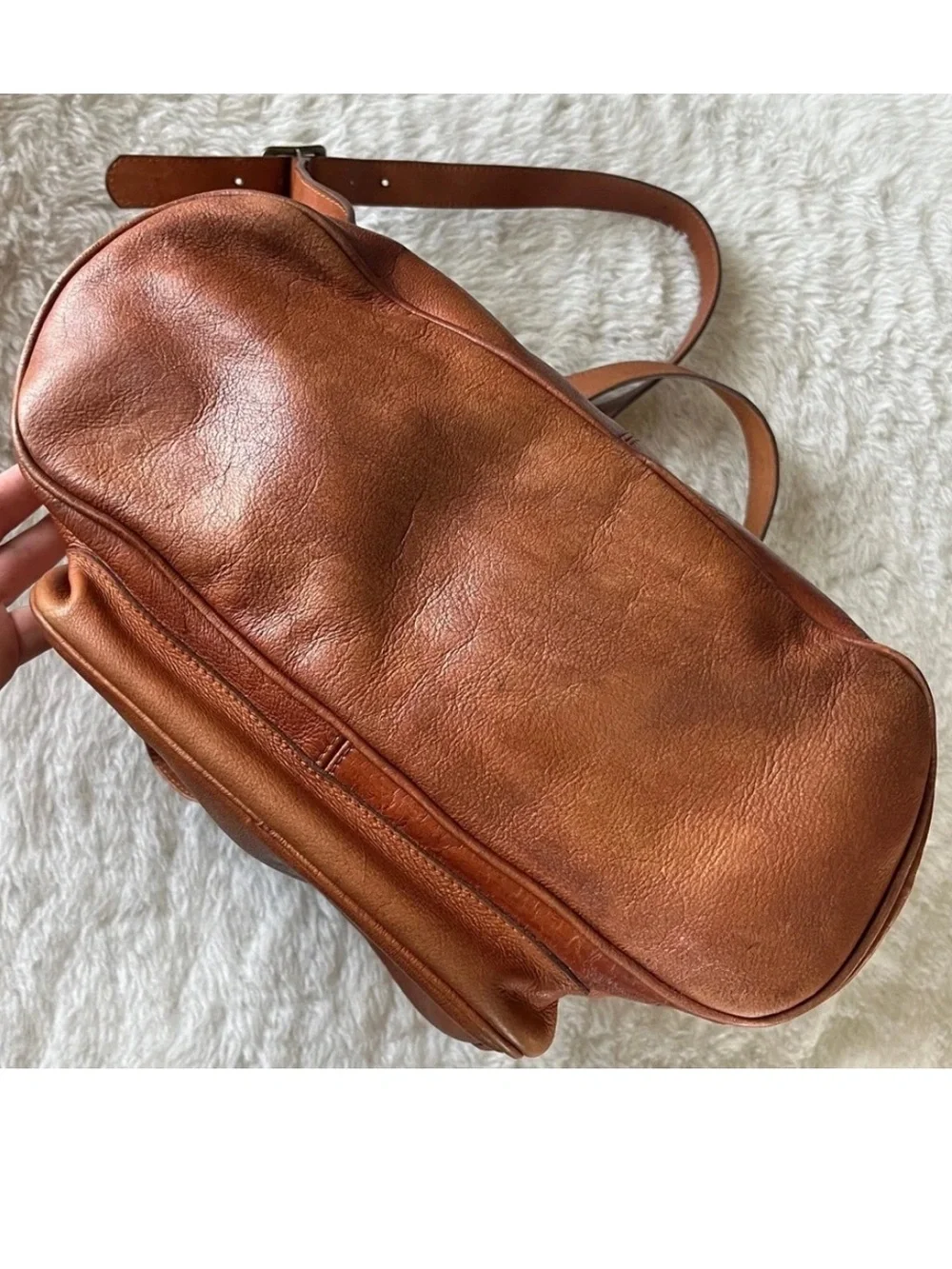 Cognac Brown Leather Backpack with Flap front & drawstring top